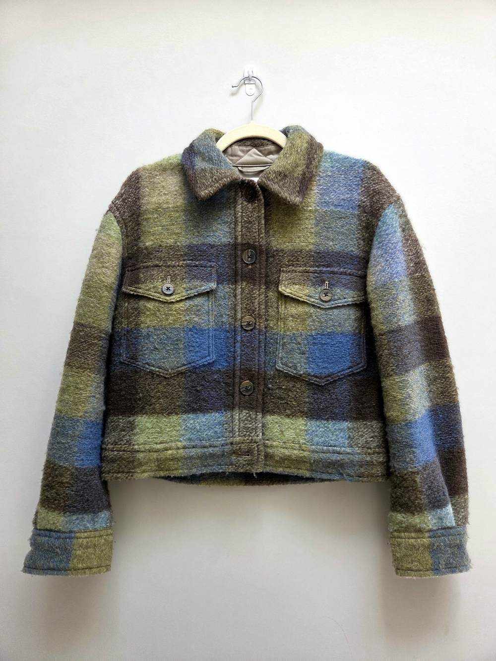 Wilfred Free Plaid Cropped Jacket in Beige, Olive & Blue